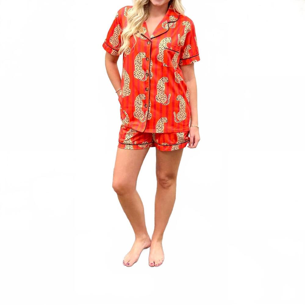 NEW MOON RYDER striped leopard patterned pajama set in orange/pink
